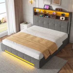 Cama estofada 160x200cm com arrumação e LED veludo – cinzento