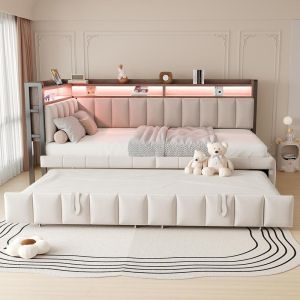 Sofá-cama 90x200cm, com veludo bege, cama auxiliar, LED e usb-c