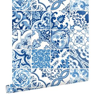 Estahome papel de parede motivo de azulejo azul 53 cm x 10.05 m