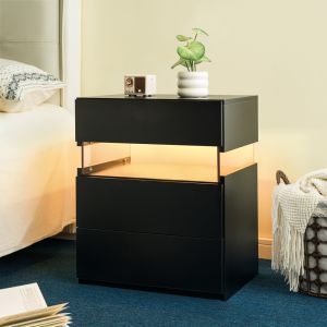 Mesa de cabeceira 3 gavetas LED preto 60x46x22cm