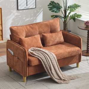 Sofá 2 lugares em chenille castanho com bolsos laterais 127 cm