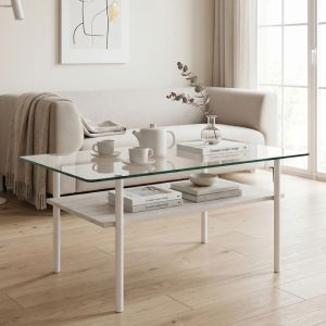 Mesa de centro retangular com vidro e 2 níveis branco 45x98x58cm