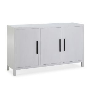 Aparador 150x40x90 em madeira branca com detalhes em metal preto.