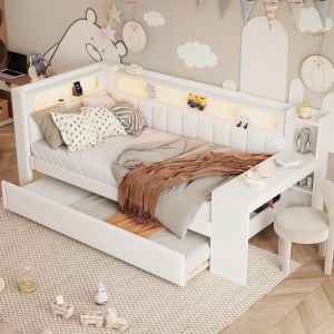 Cama acolchoada com luzes LED,90x200cm,branca.