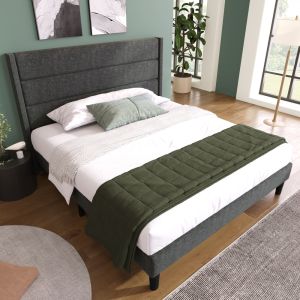 Cama estofada 140x200cm com cabeceira acolchoada linho cinzento