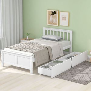 Cama individual 90x200cm com gavetas em madeira branco