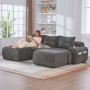 Sofá modular em bombazina cinzento escuro 3 lugares com 2 pufes