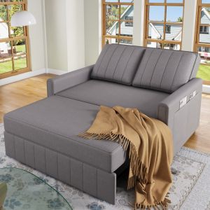 Sofá-cama dobrável em tecido cinzento antigo 2 lugares encosto ajustável