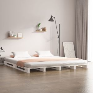 Cama de paletes pequena de casal 120x190 cm pinho maciço branco yht8743