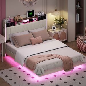 Cama estofada 140x200cm com LED e porta usb com arrumação linho – bege