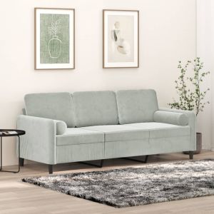 Sofá 3 lugares + almofadas decorativas 180cm veludo cinza-claro pt1235