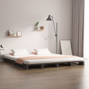 Cama de paletes king 150x200 cm pinho maciço cinzento yht5922