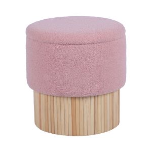 Puf estofado rosa com base de madeira natural