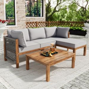 Conjunto de jardim 3 peças cinza em madeira acácia com corda
