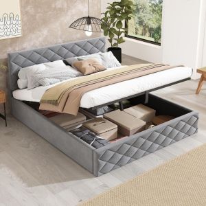 Cama estofada 140x200cm hidráulica, arrumação, ripas, cinza