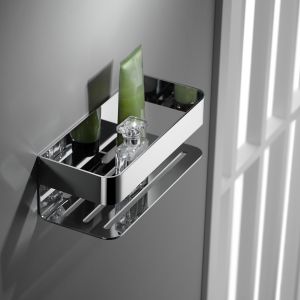 Portasapone cromado em aço inox e latão com acabamento frontal resistente