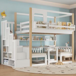 Beliche 90x200cm com mesa rebatível escada e arrumação madeira branco