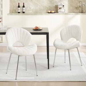 Silla de comedor de terciopelo marfil sin brazos con patas metálicas