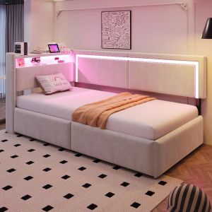 Cama articulada estofada veludo com LED usb 90x200cm bege