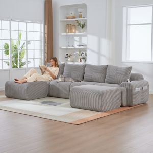 Sofá modular 4 lugares bombazina canelada cinzento claro porta-copos bolsa