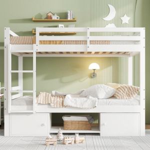 Beliche infantil 90x200 cm com arrumação, prateleiras roupeiro branco