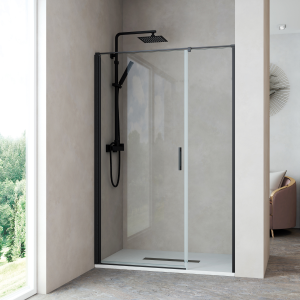 Ecrã de duche frontal, 1 porta de basculante, 1 preto transp fixo de 100 cm