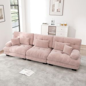 Sofá modular de canto em chenille rosa 3 lugares assento profundo
