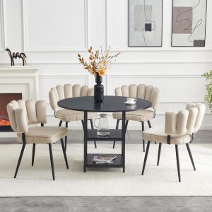 Conjunto mesa redonda e 4 cadeiras tecido castanho e preto com arrumação