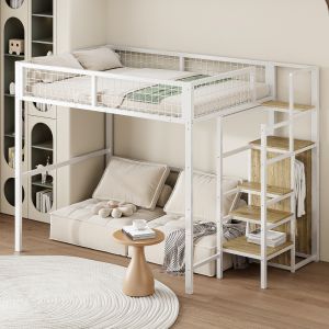 Cama alta 140x200cm com escada e arrumação metal – branco