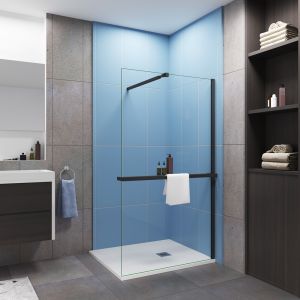 Painel de duche fixo com prateleira-100x200cm-vidro 8mm-barra73-120cm-preto