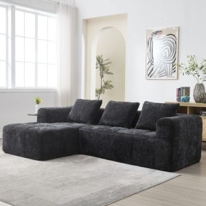 Sofá chaise longue em chenille preto 3 lugares com bolsos laterais
