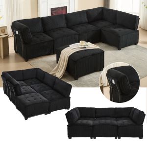 Sofá modular 6 lugares em bombazina preto conversível em l u ou cama