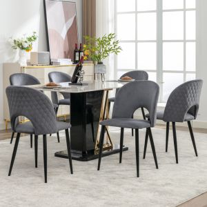 Conjunto de 6 cadeiras de jantar em veludo cinzento com losangos