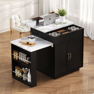 Ilha de cozinha extensível com LED preto 93x187,5x71cm