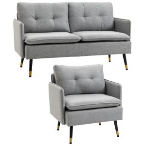 Conjunto de sofá linho sintético, espuma, aço e contraplacado color gris