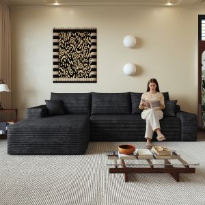 Sofá modular em canto com chaise longue em tecido preto 270 cm