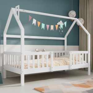 Cama infantil 90x200 cm casinha de madeira com telhado chaminé,branca