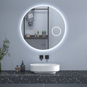 Espelho de casa de banho redondo 80×80cm + relógio + lupa