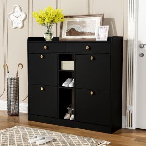Sapateira com 4 portas basculantes 2 gavetas preto 100x110x26cm