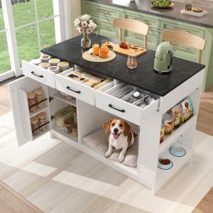 Ilha de cozinha com espaço para animal 3 gavetas branco 90x120x60cm