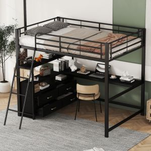 Cama alta 140x200cm com secretária em l e gavetas mdf metal – preto