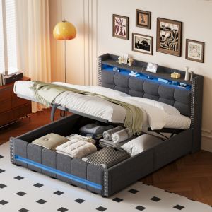 Cama estofada 160x200cm com LED usb e arrumação linho – cinzento