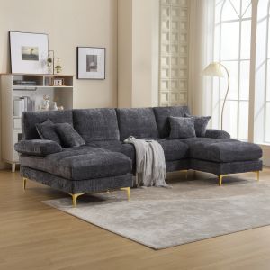 Sofá em u em chenille cinzento 4 lugares com duas chaise longue