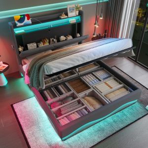 Cama estofada 140x200cm com arrumação LED e usb veludo cinzento