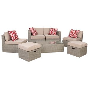 Conjunto de mesa, sofá, duas poltronas e dois pufes bege