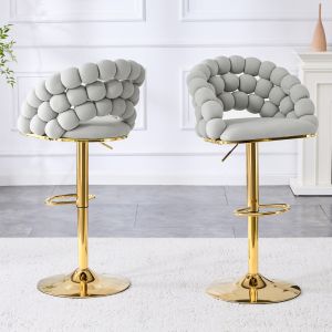 Taburete de bar de terciopelo gris claro ajustable con respaldo set de 2