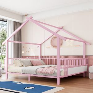 Cama infantil 140x200cm com grade e telhado metal – rosa