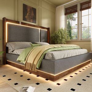Cama de casal 160x200 cm com arrumação em linho cinzento e nogueira