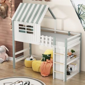 Cama infantil 90x200cm com escada e arrumação madeira – verde