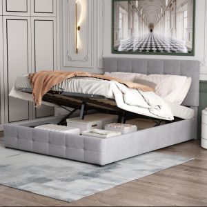 Cama estofada 140x200cm com arrumação hidráulica veludo – cinzento